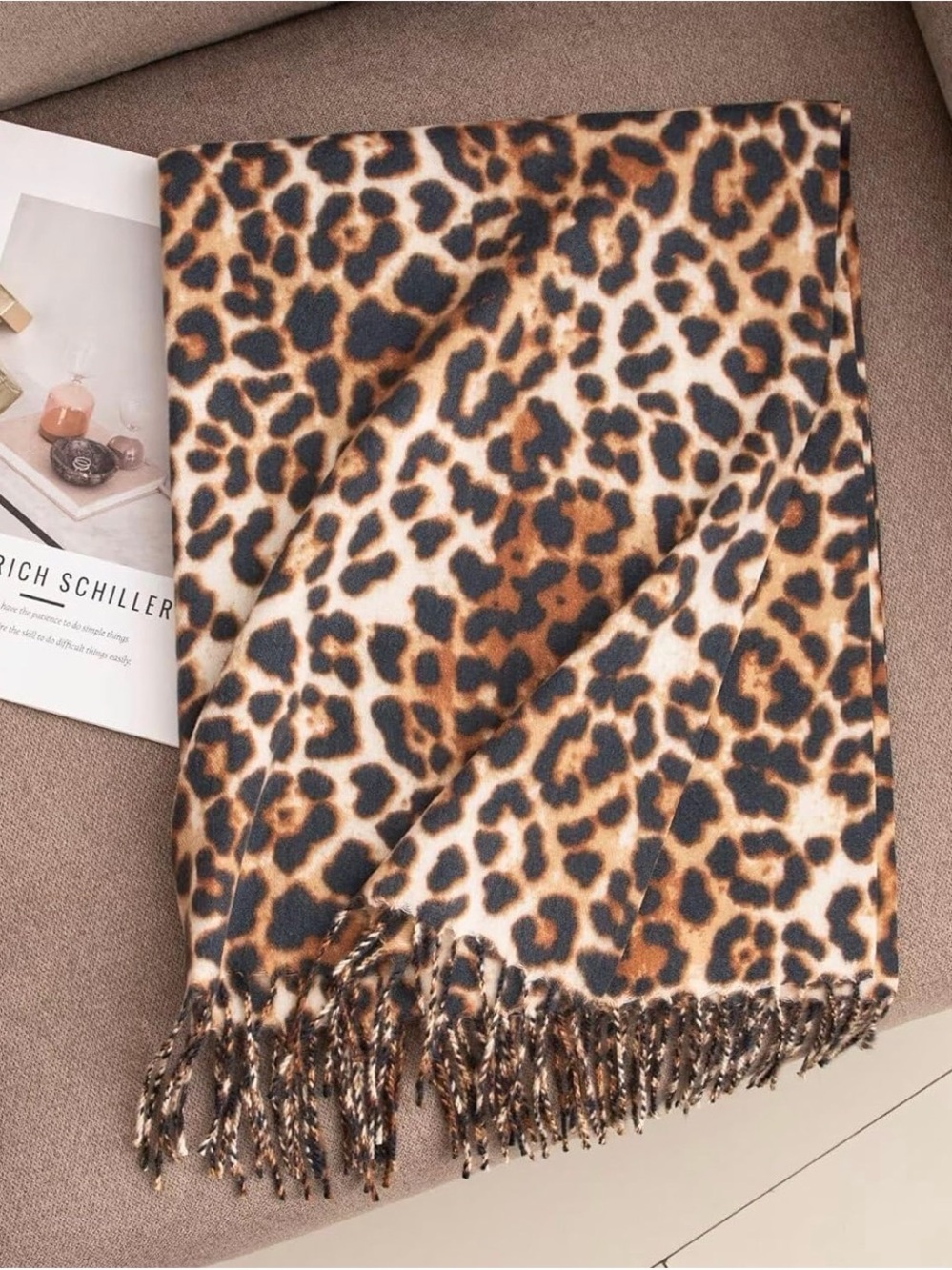 Leopard Print Fringe Scarf Wrap in Brown/Black